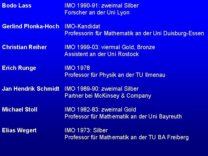 Bodo Lass IMO 1990 -91: zweimal Silber Forscher an der Uni Lyon Gerlind Plonka-Hoch Bodo Lass IMO 1990 -91: zweimal Silber Forscher an der Uni Lyon Gerlind Plonka-Hoch