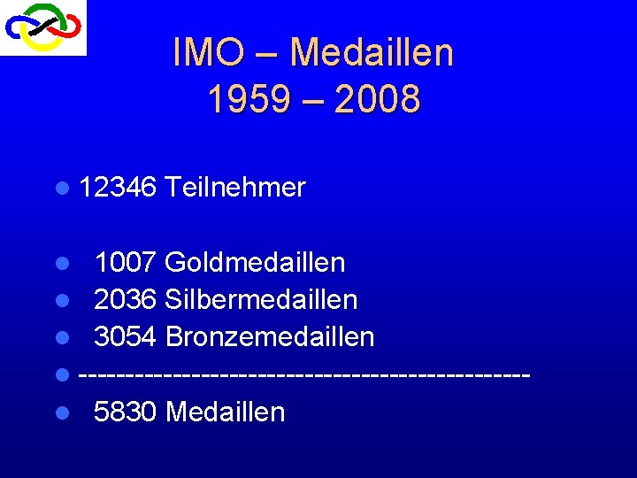IMO – Medaillen 1959 – 2008 l 12346 Teilnehmer l 1007 Goldmedaillen l 2036 IMO – Medaillen 1959 – 2008 l 12346 Teilnehmer l 1007 Goldmedaillen l 2036