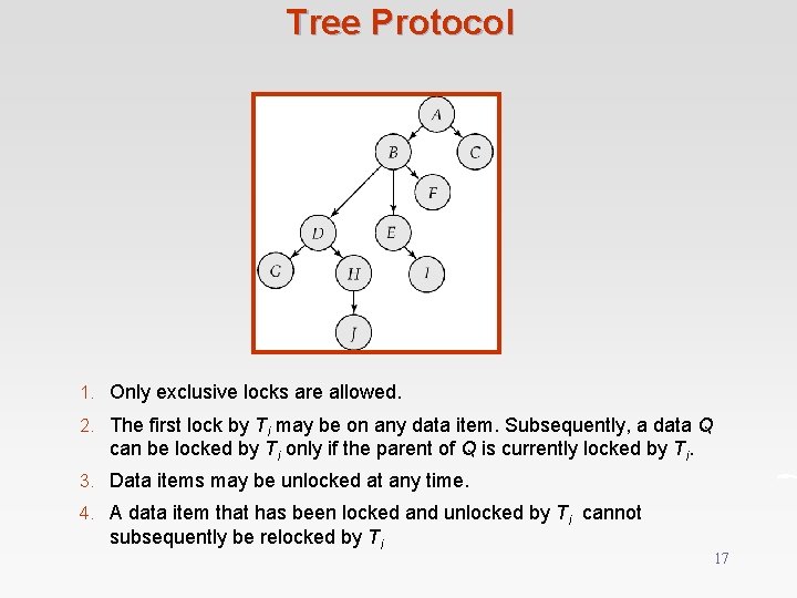 Tree Protocol 1. Only exclusive locks are allowed. 2. The first lock by Ti