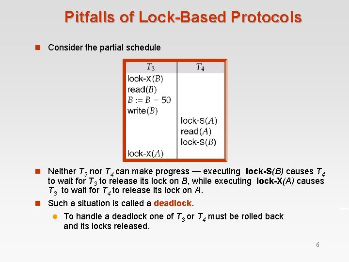 Pitfalls of Lock-Based Protocols n Consider the partial schedule n Neither T 3 nor