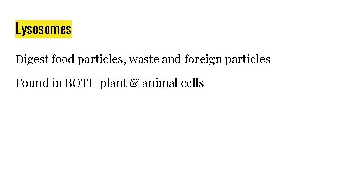 Lysosomes Digest food particles, waste and foreign particles Found in BOTH plant & animal