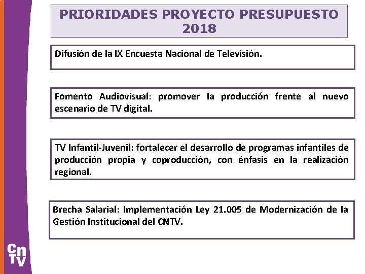 PRIORIDADES PROYECTO PRESUPUESTO 2018 Difusión de la IX Encuesta Nacional de Televisión. Fomento Audiovisual: