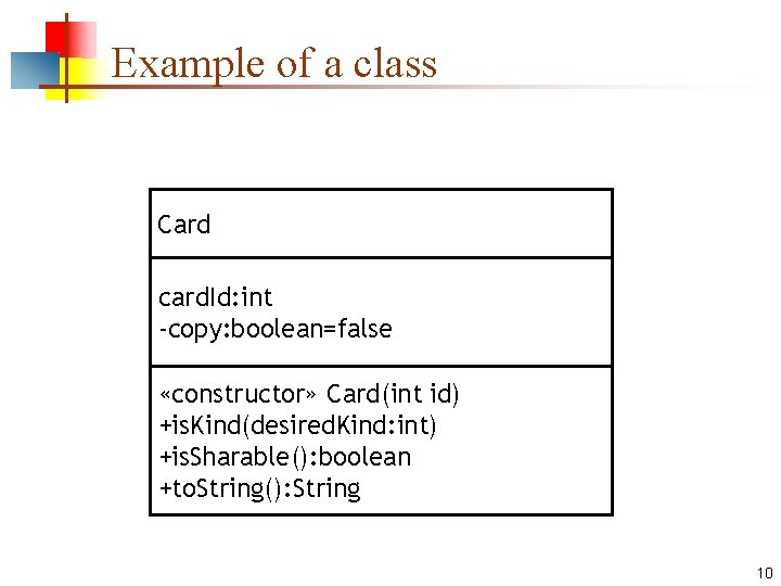 Example of a class Card card. Id: int -copy: boolean=false «constructor» Card(int id) +is.