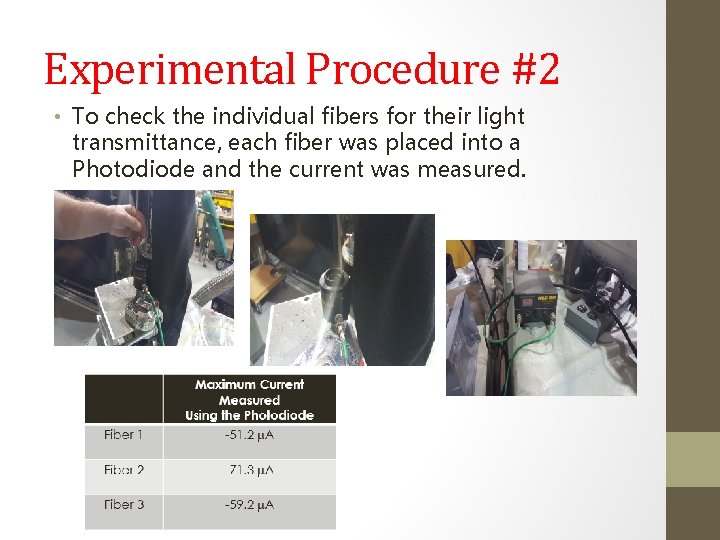 Experimental Procedure #2 • To check the individual fibers for their light transmittance, each