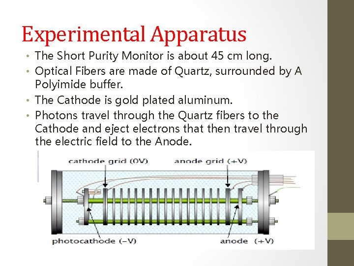 Experimental Apparatus • The Short Purity Monitor is about 45 cm long. • Optical