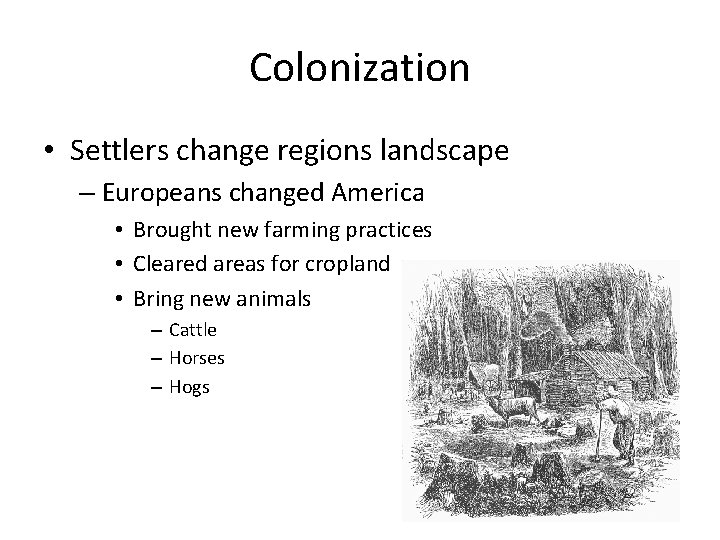 Colonization • Settlers change regions landscape – Europeans changed America • Brought new farming