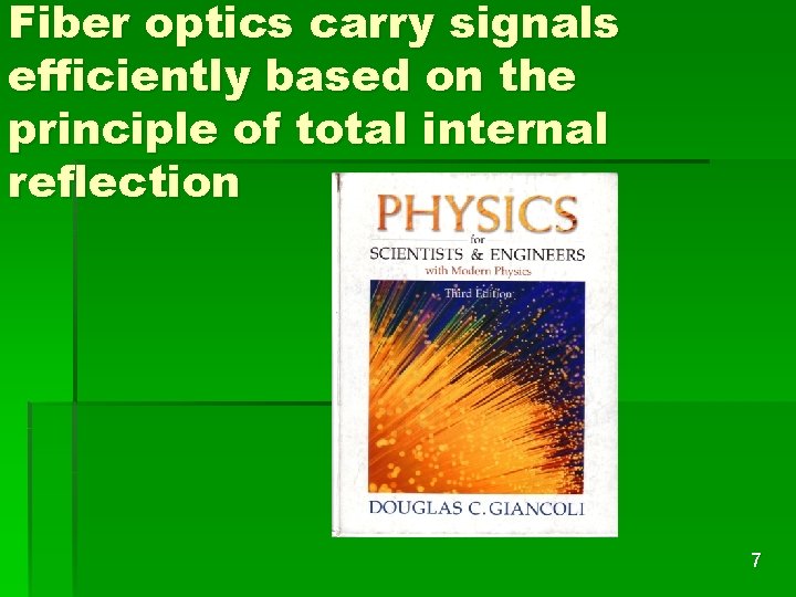 Fiber optics carry signals efficiently based on the principle of total internal reflection 7