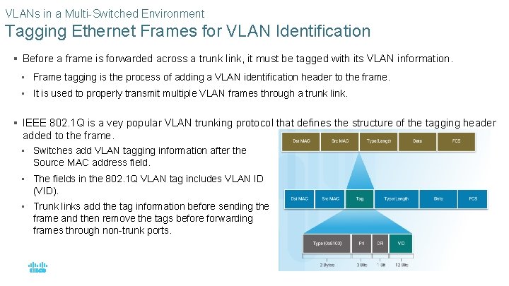 VLANs in a Multi-Switched Environment Tagging Ethernet Frames for VLAN Identification § Before a