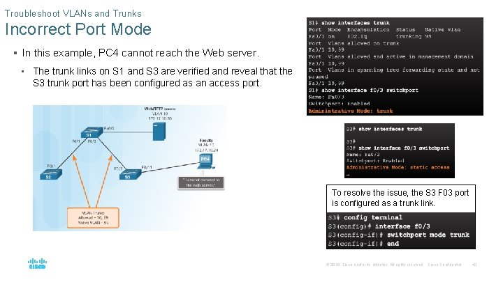 Troubleshoot VLANs and Trunks Incorrect Port Mode § In this example, PC 4 cannot