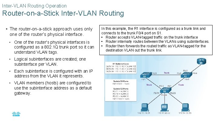 Inter-VLAN Routing Operation Router-on-a-Stick Inter-VLAN Routing § The router-on-a-stick approach uses only one of