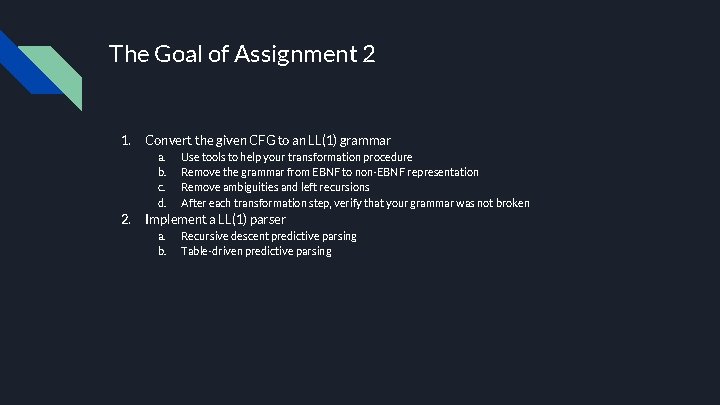 The Goal of Assignment 2 1. Convert the given CFG to an LL(1) grammar