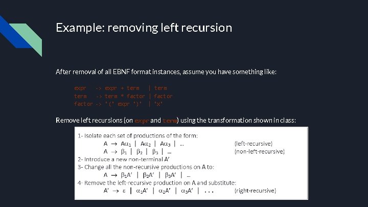 Example: removing left recursion After removal of all EBNF format instances, assume you have