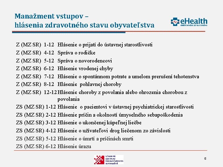 Manažment vstupov – hlásenia zdravotného stavu obyvateľstva Z (MZ SR) 1 -12 Hlásenie o