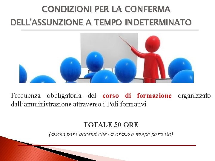 CONDIZIONI PER LA CONFERMA DELL'ASSUNZIONE A TEMPO INDETERMINATO Frequenza obbligatoria del corso di formazione