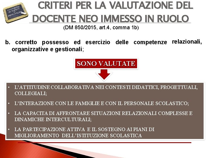 CRITERI PER LA VALUTAZIONE DEL DOCENTE NEO IMMESSO IN RUOLO (DM 850/2015, art. 4,