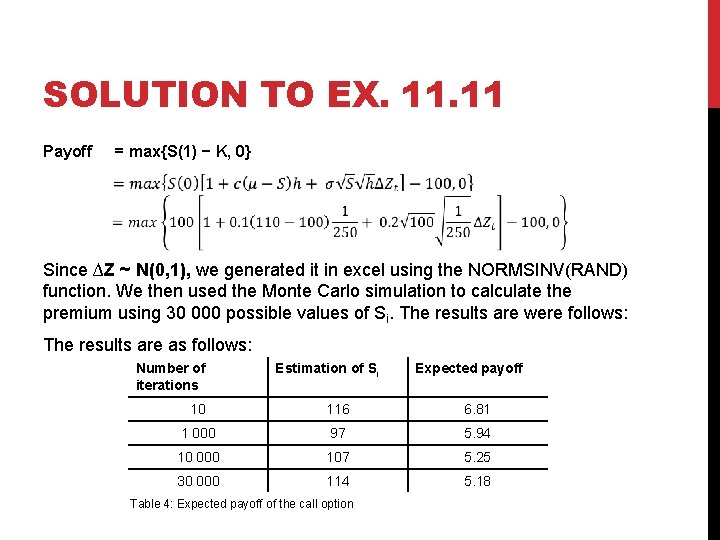 SOLUTION TO EX. 11 Payoff = max{S(1) − K, 0} Since ∆Z ~ N(0,