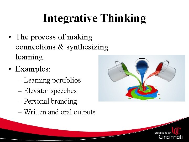 Integrative Thinking • The process of making connections & synthesizing learning. • Examples: –