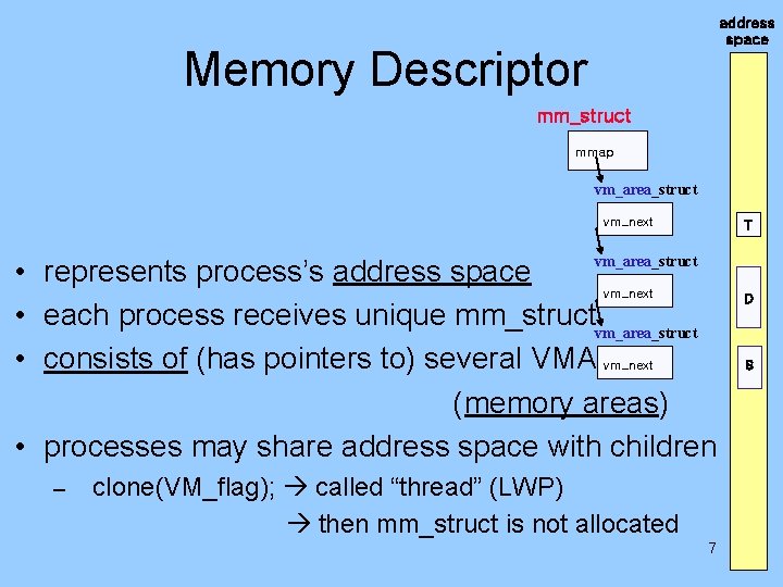 address space Memory Descriptor mm_struct mmap vm_area_struct vm_next T vm_area_struct • represents process’s address