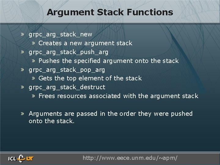 Argument Stack Functions » grpc_arg_stack_new » Creates a new argument stack » grpc_arg_stack_push_arg »