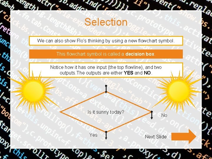 Selection We can also show Flo’s thinking by using a new flowchart symbol. This