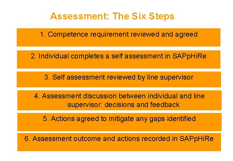 Assessment: The Six Steps 1. Competence requirement reviewed and agreed 2. Individual completes a