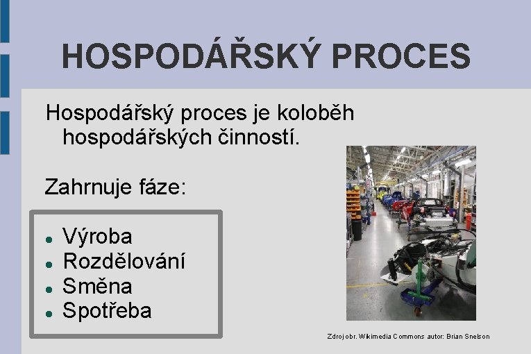 HOSPODÁŘSKÝ PROCES Hospodářský proces je koloběh hospodářských činností. Zahrnuje fáze: Výroba Rozdělování Směna Spotřeba