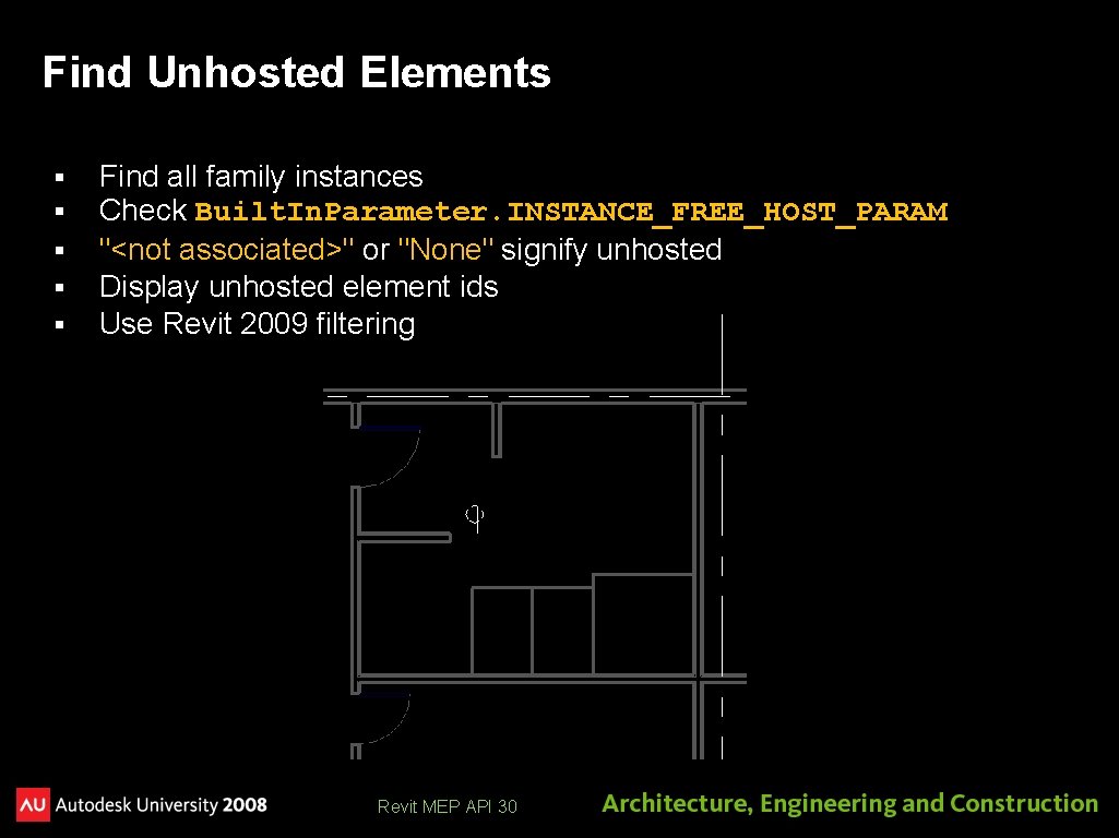 Find Unhosted Elements § § § Find all family instances Check Built. In. Parameter.