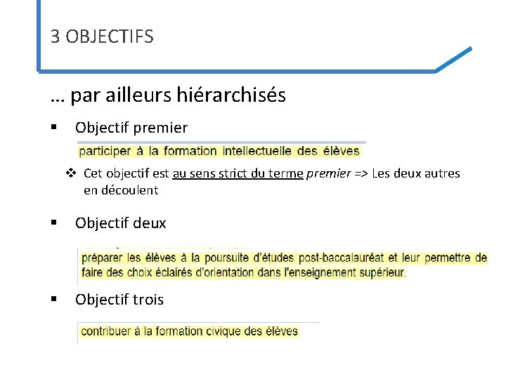 3 OBJECTIFS … par ailleurs hiérarchisés § Objectif premier v Cet objectif est au 3 OBJECTIFS … par ailleurs hiérarchisés § Objectif premier v Cet objectif est au