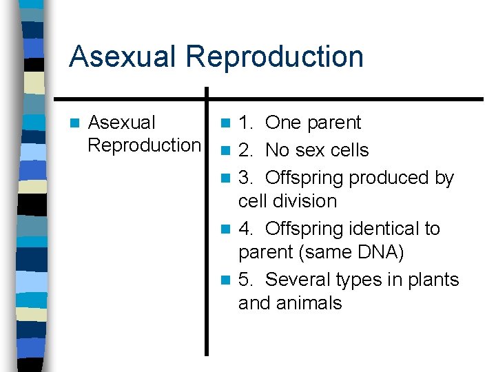 Asexual Reproduction n Asexual n 1. One parent Reproduction n 2. No sex cells