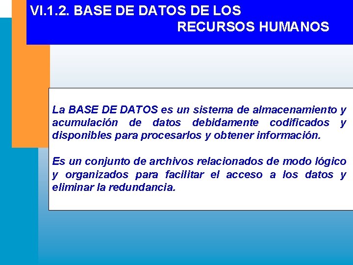 VI. 1. 2. BASE DE DATOS DE LOS RECURSOS HUMANOS La BASE DE DATOS VI. 1. 2. BASE DE DATOS DE LOS RECURSOS HUMANOS La BASE DE DATOS