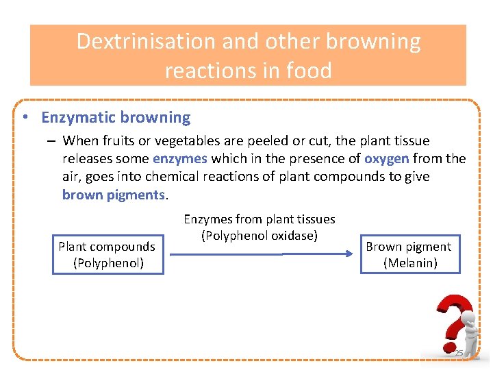 Dextrinisation and other browning reactions in food • Enzymatic browning – When fruits or