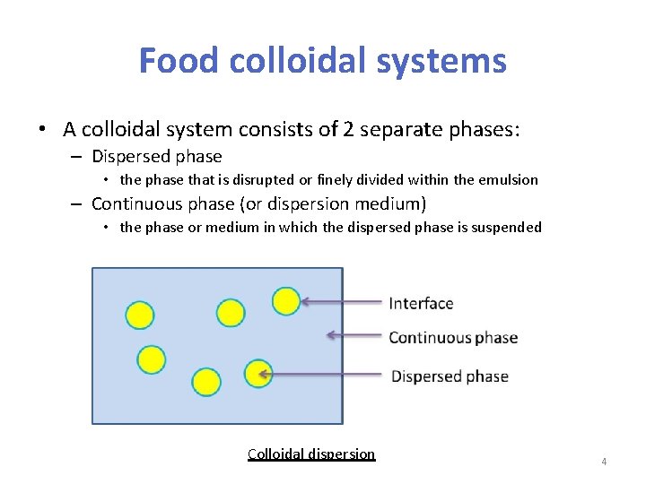 Food colloidal systems • A colloidal system consists of 2 separate phases: – Dispersed
