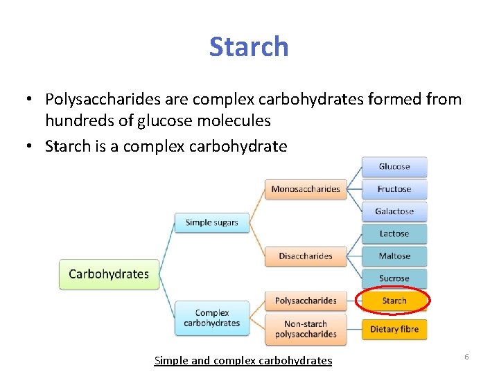 Starch • Polysaccharides are complex carbohydrates formed from hundreds of glucose molecules • Starch