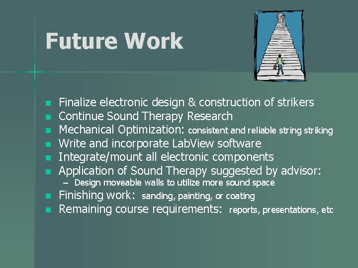 Future Work n n n Finalize electronic design & construction of strikers Continue Sound