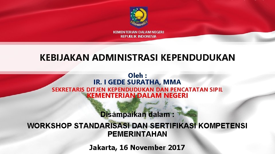 KEMENTERIAN DALAM NEGERI REPUBLIK INDONESIA KEBIJAKAN ADMINISTRASI KEPENDUDUKAN Oleh : IR. I GEDE SURATHA,