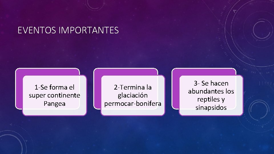 EVENTOS IMPORTANTES 1 -Se forma el super continente Pangea 2 -Termina la glaciación permocar-bonifera