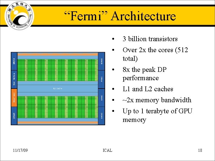 “Fermi” Architecture 11/17/09 • 3 billion transistors • Over 2 x the cores (512