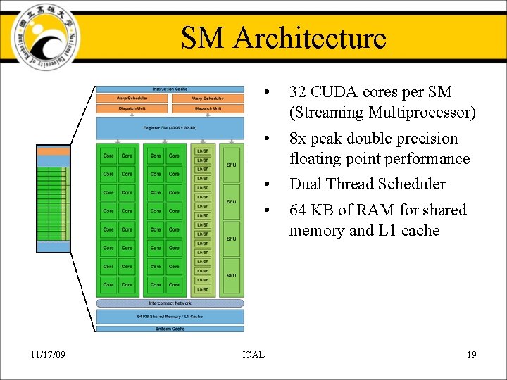 SM Architecture 11/17/09 • 32 CUDA cores per SM (Streaming Multiprocessor) • 8 x