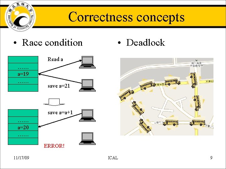 Correctness concepts • Race condition • Deadlock Read a …… a=19 …… save a=21