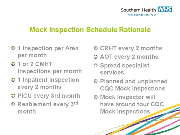 Mock Inspection Schedule Rationale 1 inspection per Area per month 1 or 2 CMHT