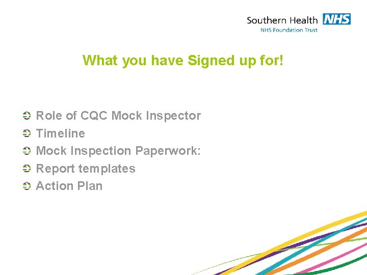 What you have Signed up for! Role of CQC Mock Inspector Timeline Mock Inspection