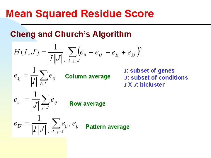 Mean Squared Residue Score Cheng and Church’s Algorithm Column average I: subset of genes