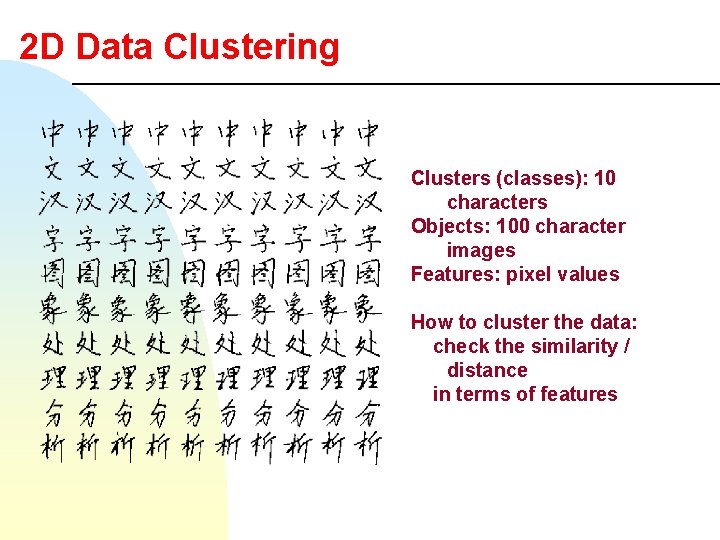 2 D Data Clustering Clusters (classes): 10 characters Objects: 100 character images Features: pixel