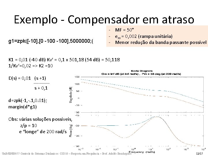 Exemplo - Compensador em atraso g 1=zpk([-10], [0 -100], 5000000; ( - MF =