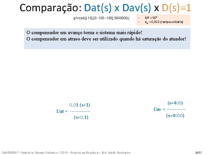 Comparação: Dat(s) x Dav(s) x D(s)=1 g 1=zpk([-10], [0 -100], 5000000; ( - MF