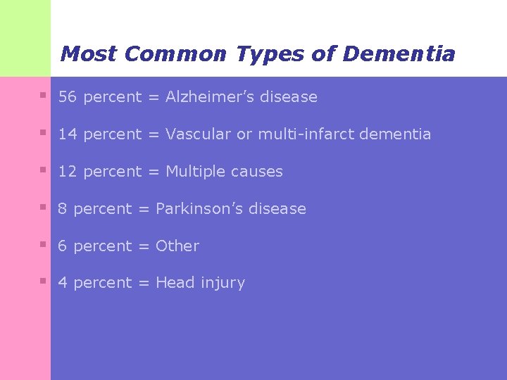 Most Common Types of Dementia § 56 percent = Alzheimer’s disease § 14 percent