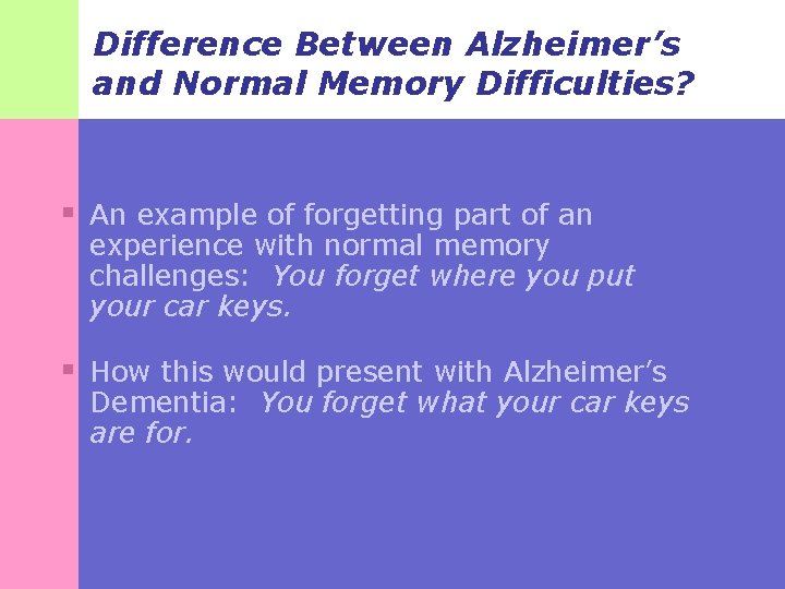 Difference Between Alzheimer’s and Normal Memory Difficulties? § An example of forgetting part of