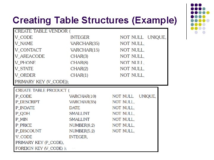 Creating Table Structures (Example) Creating Table Structures (Example)