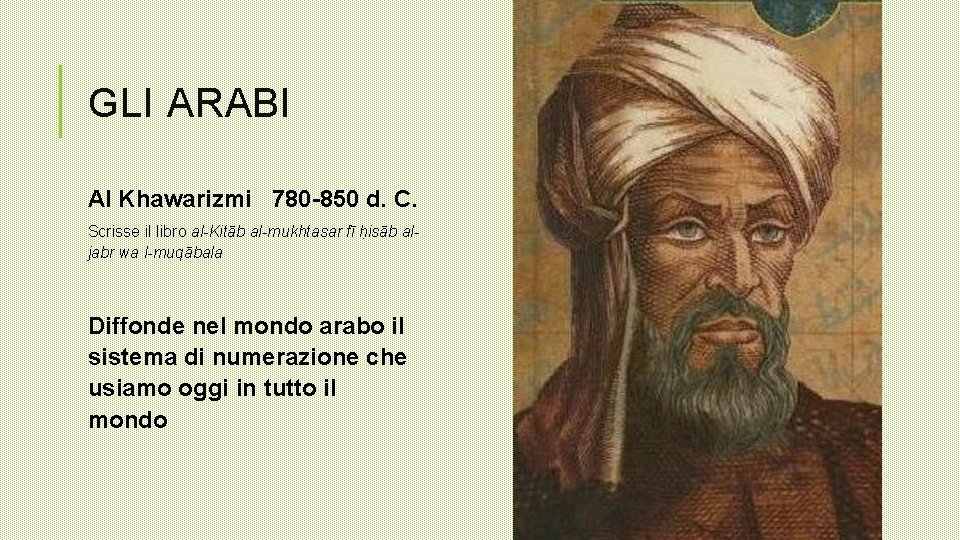 GLI ARABI Al Khawarizmi 780 -850 d. C. Scrisse il libro al-Kitāb al-mukhtaṣar fī