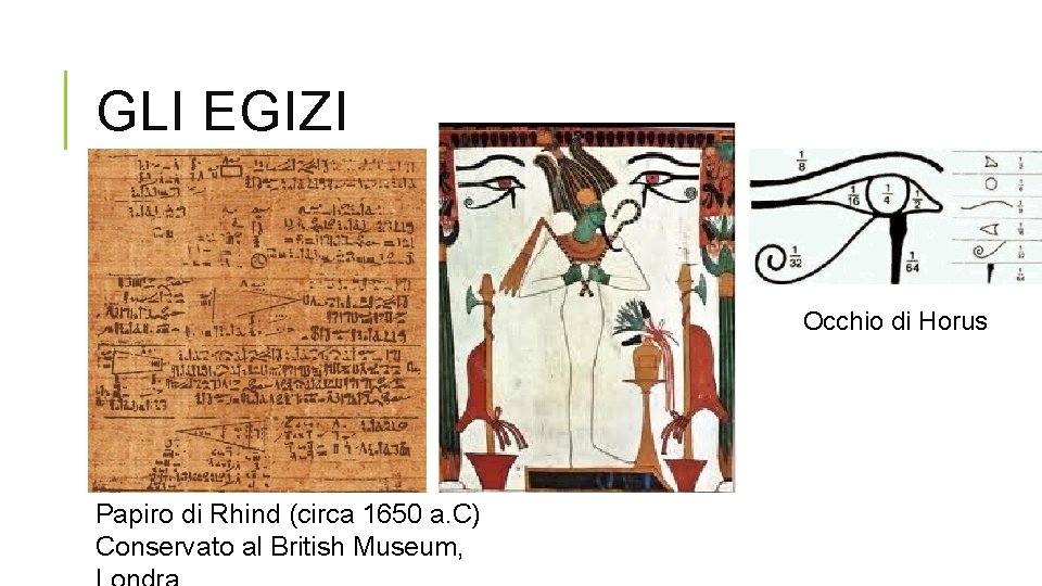GLI EGIZI Occhio di Horus Papiro di Rhind (circa 1650 a. C) Conservato al